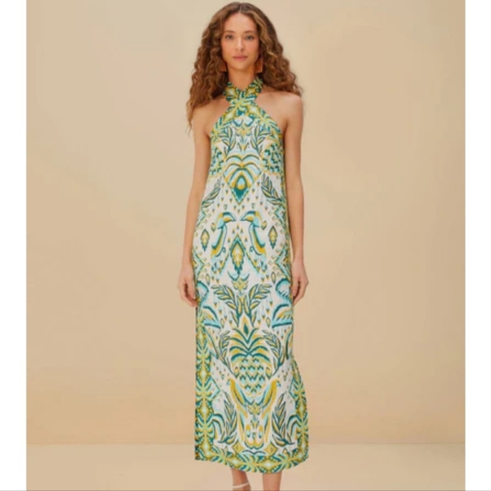 FARM RIO Blue/Greens & Cream Beads Tropical Tapestry Linen Halter Maxi Sundress - Picture 3 of 16